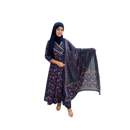 Indigo Floral Printed Ethnic Gown With Dupatta