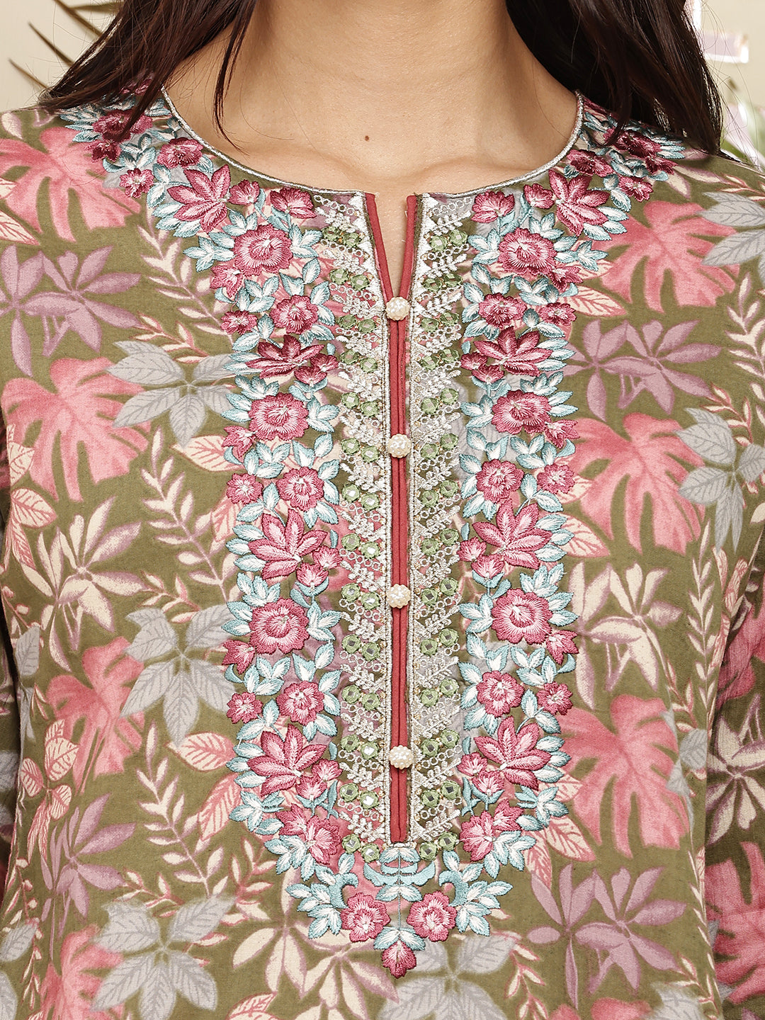 Women’s Olive & Pink Floral Printed Cotton Kurta Set with Dupatta