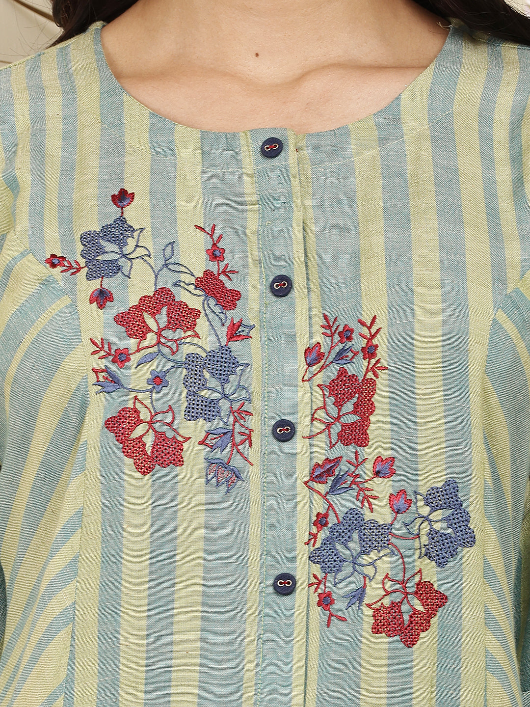 striped kurti with floral embroidery