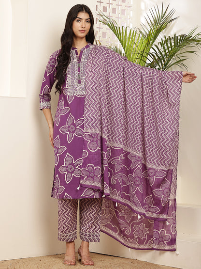 Elegant Purple Printed Cotton Kurta Set for Women