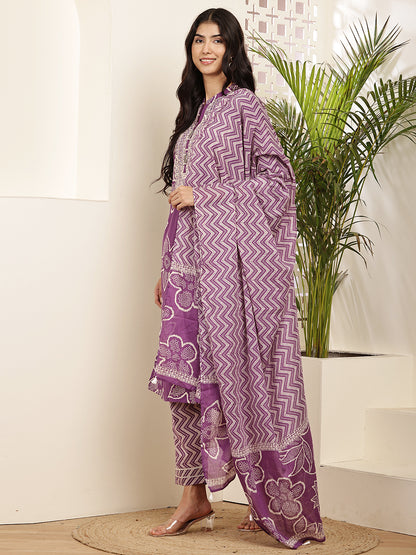 Elegant Purple Printed Cotton Kurta Set for Women