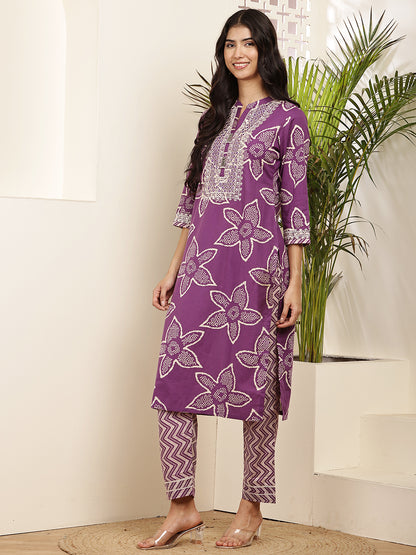 Elegant Purple Printed Cotton Kurta Set for Women