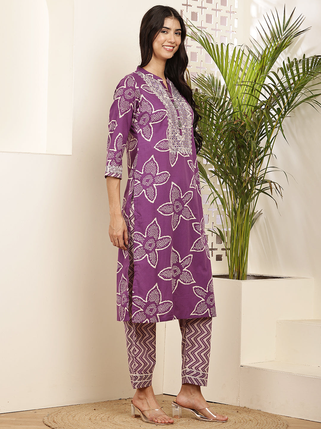 Elegant Purple Printed Cotton Kurta Set for Women