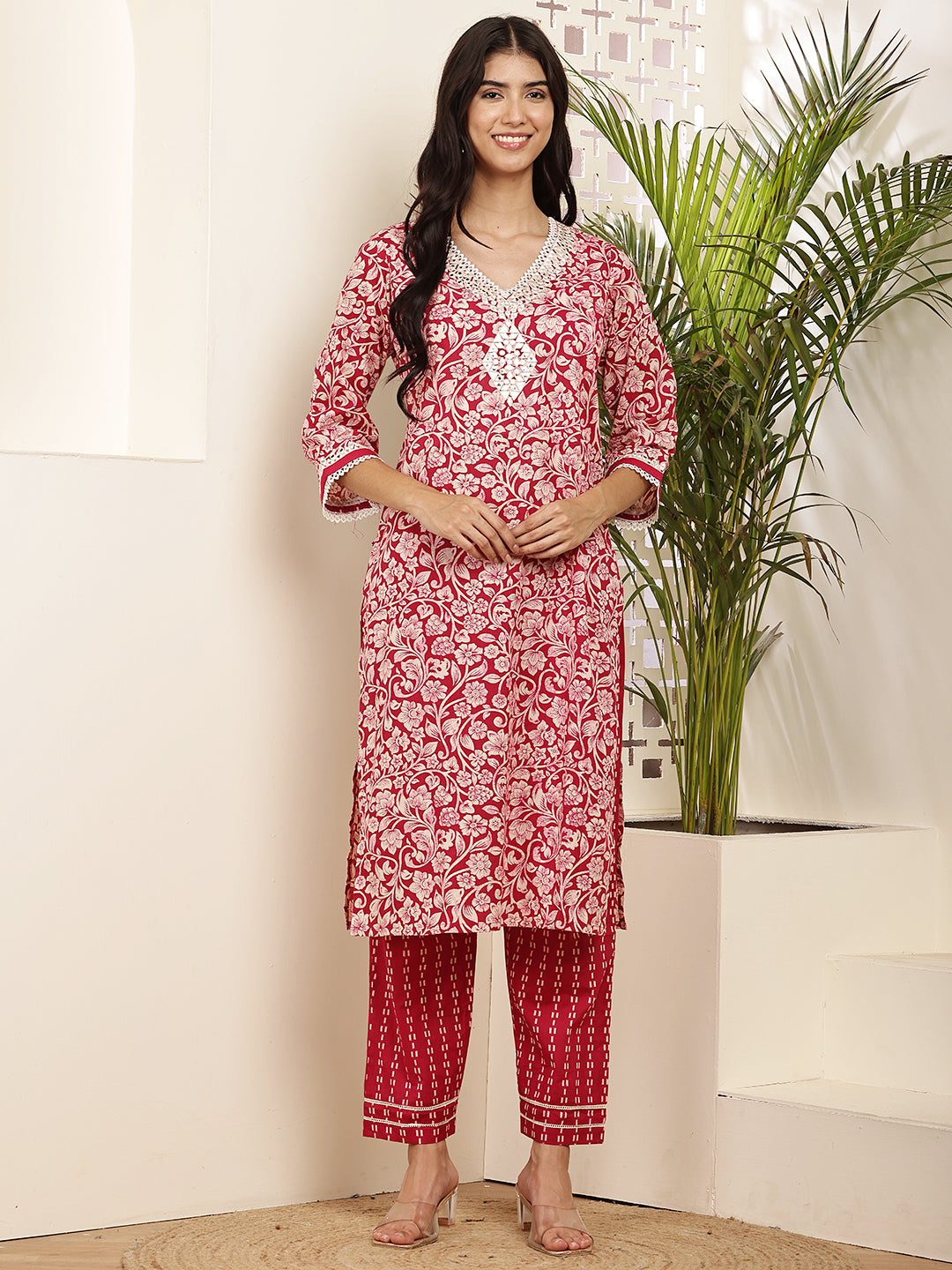 Graceful Red Cotton Printed Kurta Set with Dupatta for Women