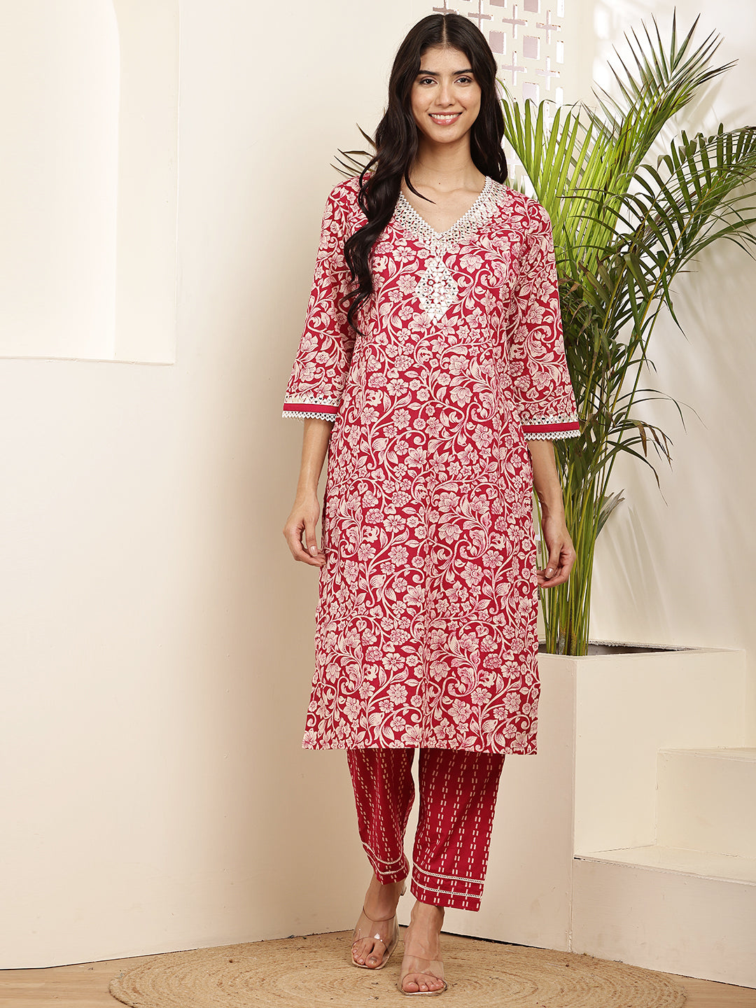 Graceful Red Cotton Printed Kurta Set with Dupatta for Women