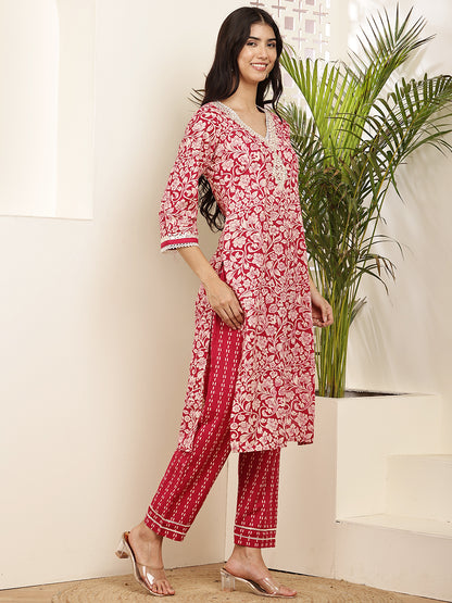 Graceful Red Cotton Printed Kurta Set with Dupatta for Women