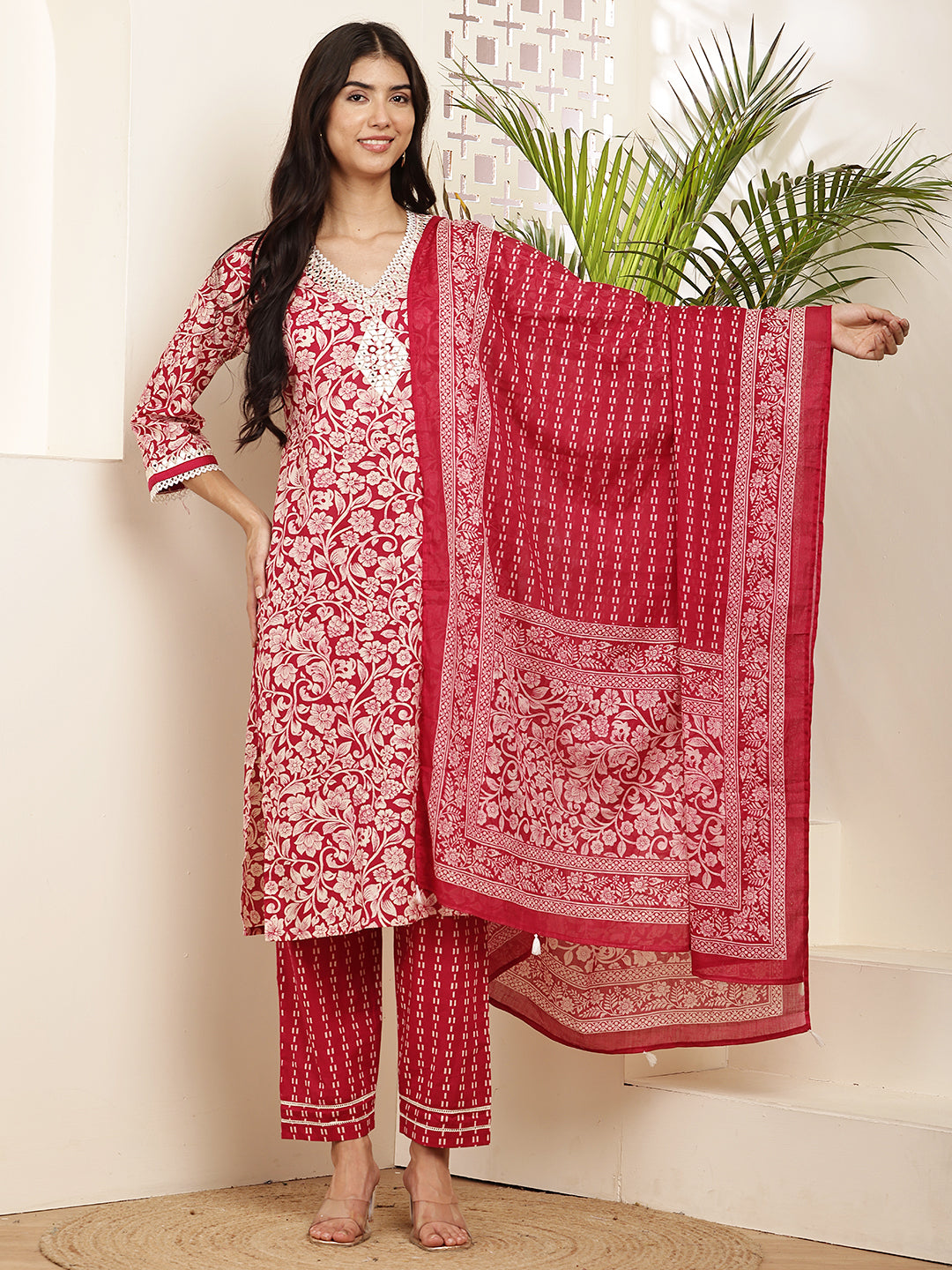 Graceful Red Cotton Printed Kurta Set with Dupatta for Women