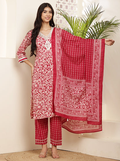 Graceful Red Cotton Printed Kurta Set with Dupatta for Women