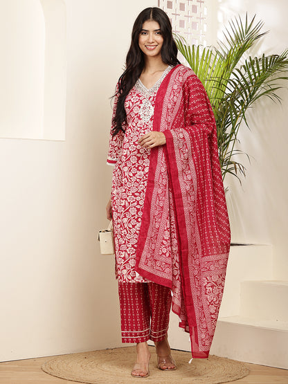 Graceful Red Cotton Printed Kurta Set with Dupatta for Women