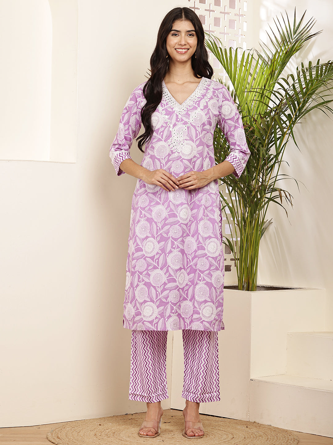 Lavender Printed Cotton Kurta Set with Dupatta