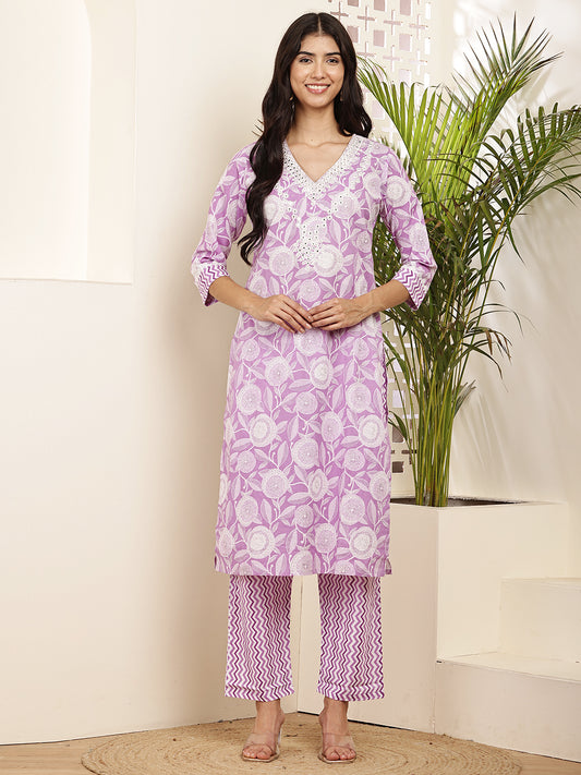 Lavender Printed Cotton Kurta Set with Dupatta