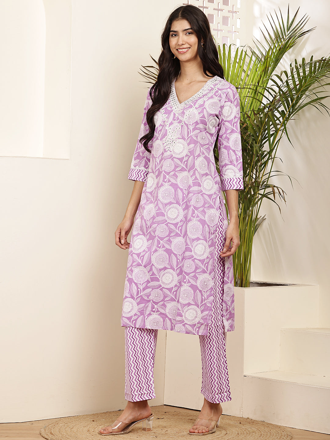 Lavender Printed Cotton Kurta Set with Dupatta