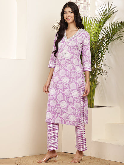 Lavender Printed Cotton Kurta Set with Dupatta