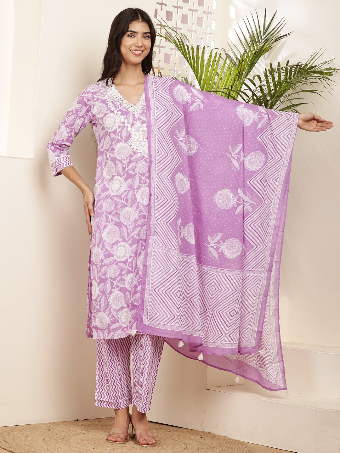 Lavender Printed Cotton Kurta Set with Dupatta