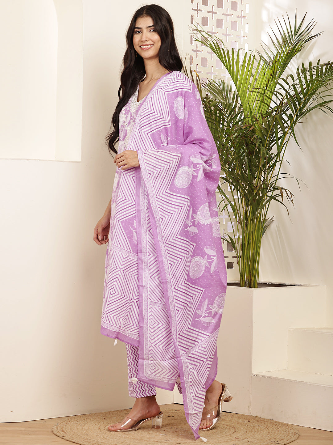 Lavender Printed Cotton Kurta Set with Dupatta