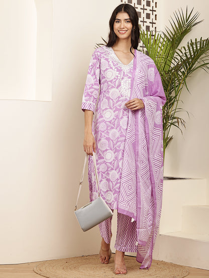 Lavender Printed Cotton Kurta Set with Dupatta