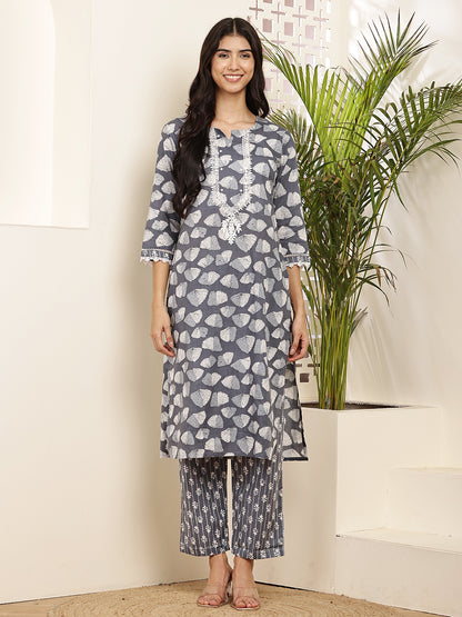 Charcoal Grey Cotton Printed Kurta Set with Dupatta