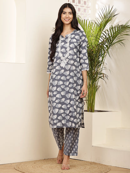 Charcoal Grey Cotton Printed Kurta Set with Dupatta