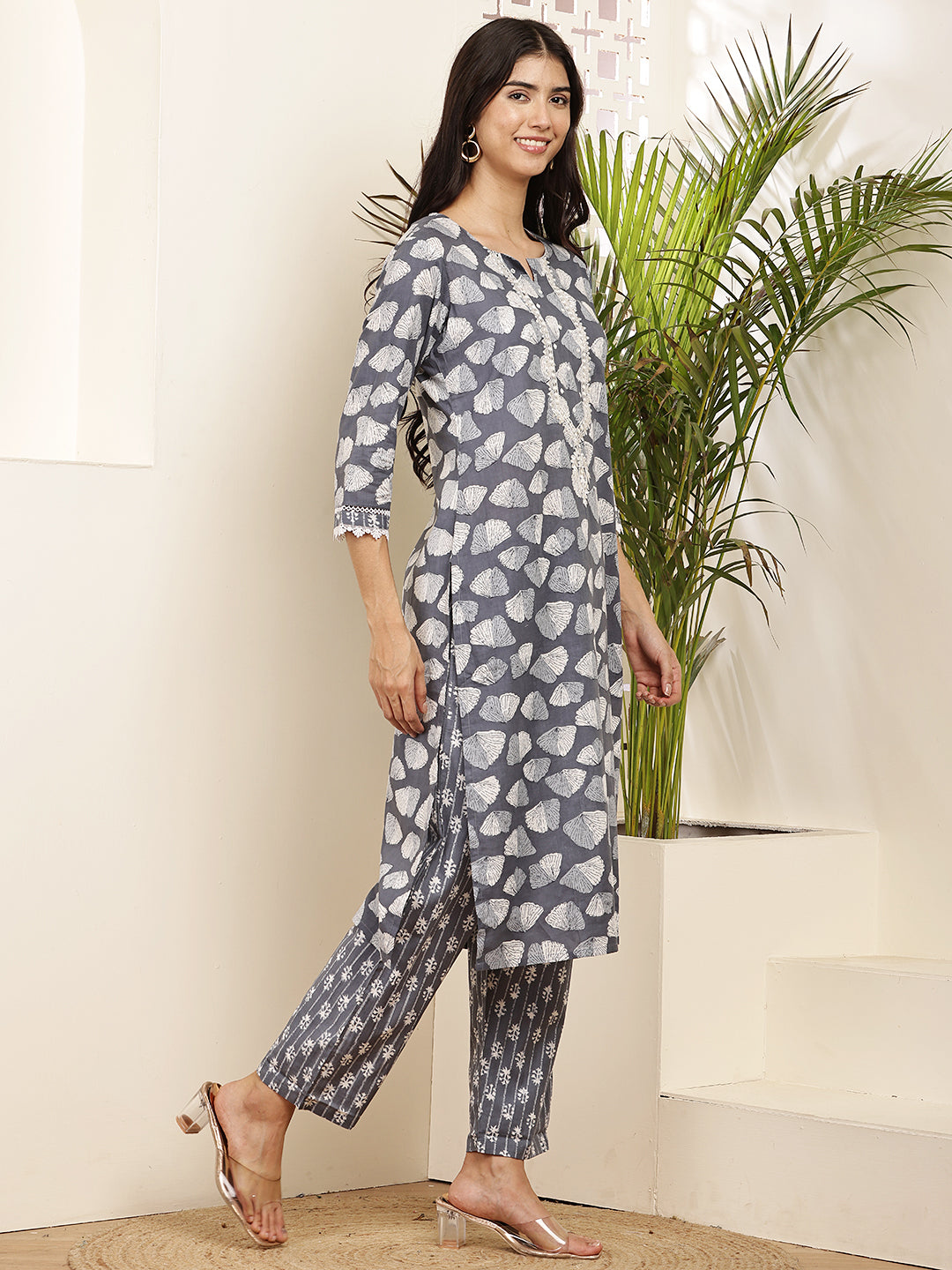 Charcoal Grey Cotton Printed Kurta Set with Dupatta