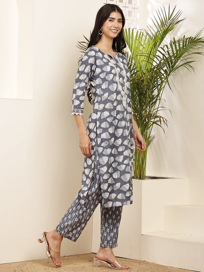 Charcoal Grey Cotton Printed Kurta Set with Dupatta