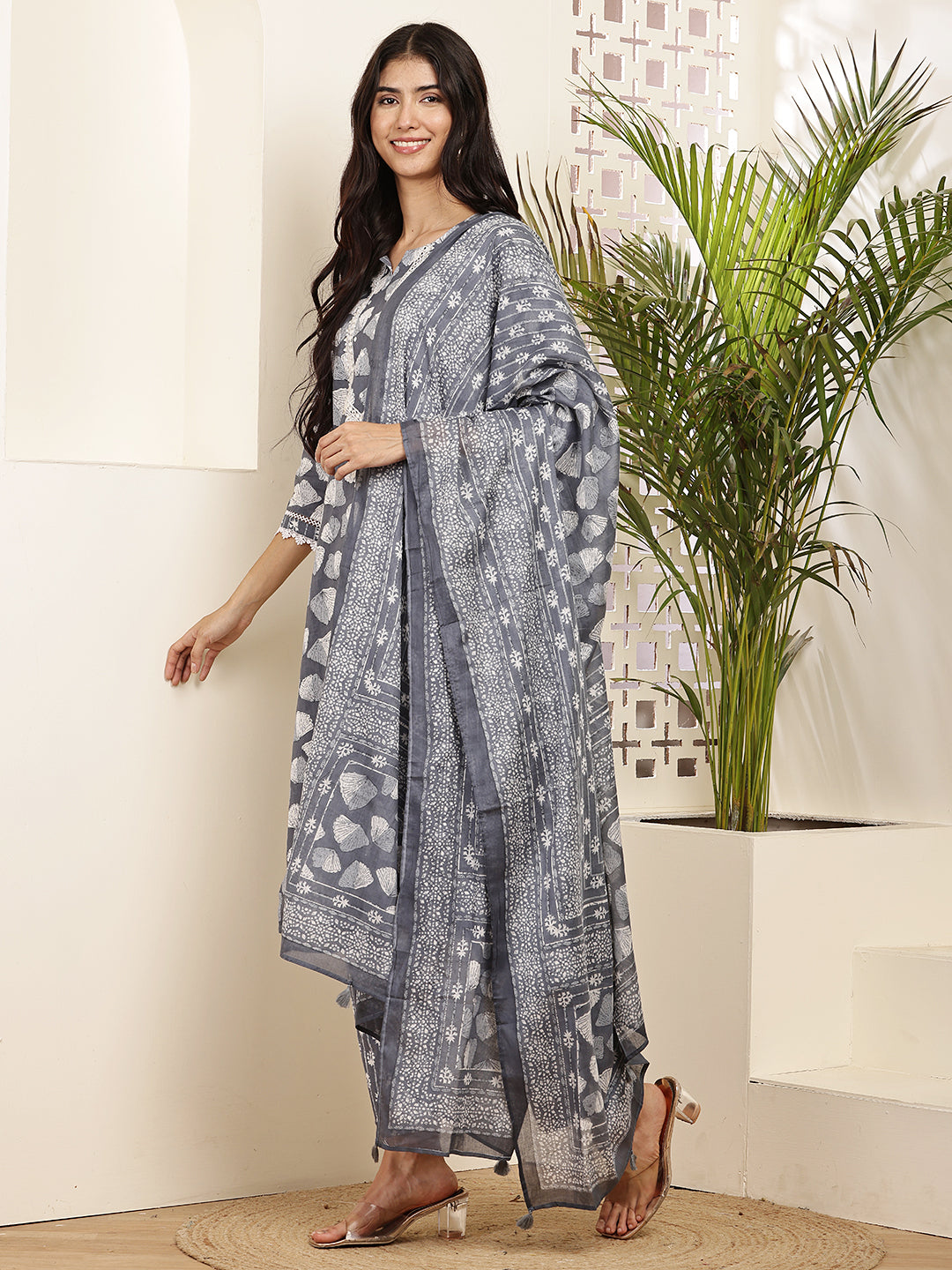 Charcoal Grey Cotton Printed Kurta Set with Dupatta