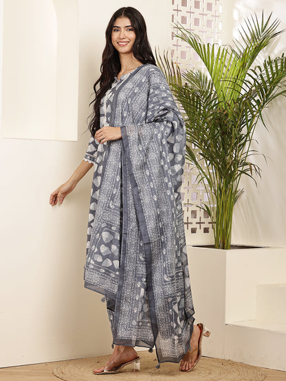 Charcoal Grey Cotton Printed Kurta Set with Dupatta