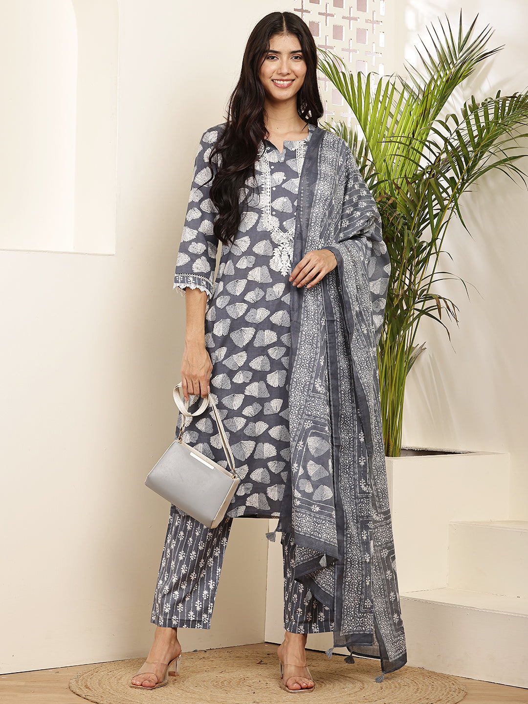 Charcoal Grey Cotton Printed Kurta Set with Dupatta