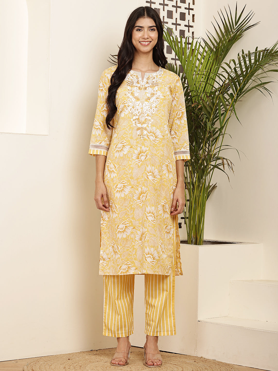 Yellow Floral Printed Cotton Kurta Set with Dupatta