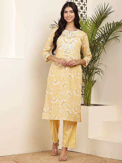 Yellow Floral Printed Cotton Kurta Set with Dupatta