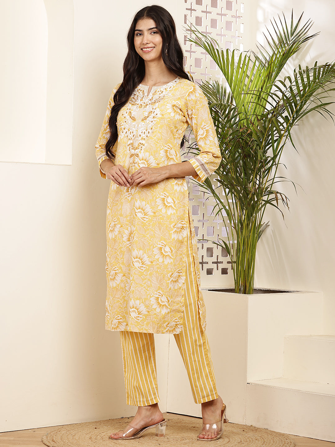 Yellow Floral Printed Cotton Kurta Set with Dupatta