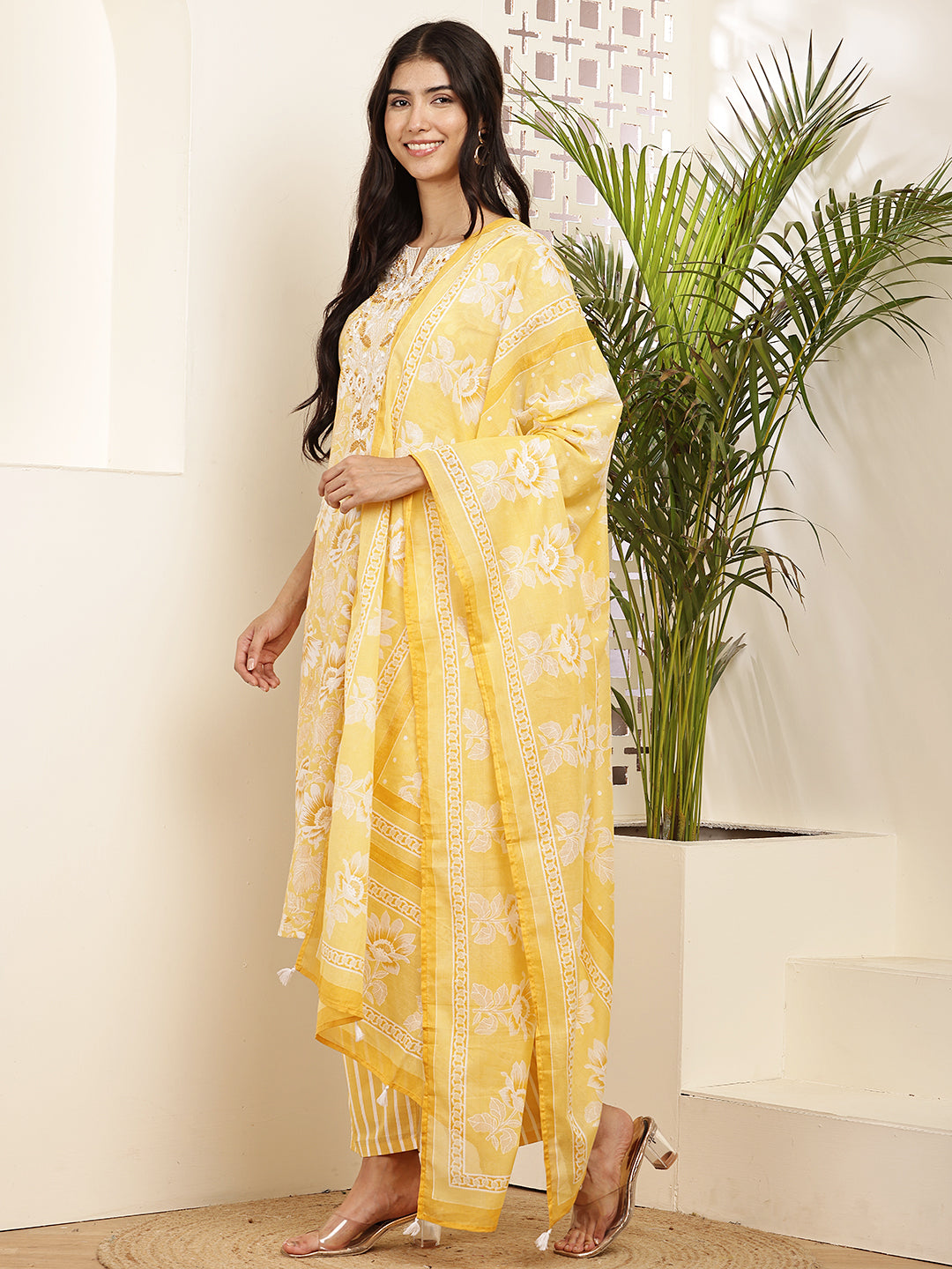 Yellow Floral Printed Cotton Kurta Set with Dupatta