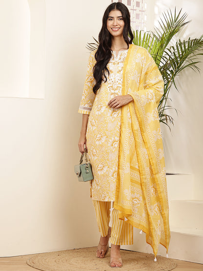 Yellow Floral Printed Cotton Kurta Set with Dupatta