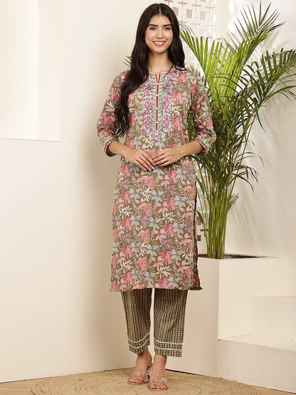 Women’s Olive & Pink Floral Printed Cotton Kurta Set with Dupatta