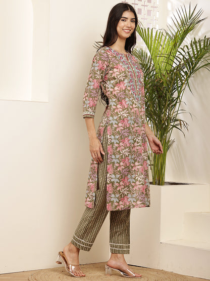 Women’s Olive & Pink Floral Printed Cotton Kurta Set with Dupatta