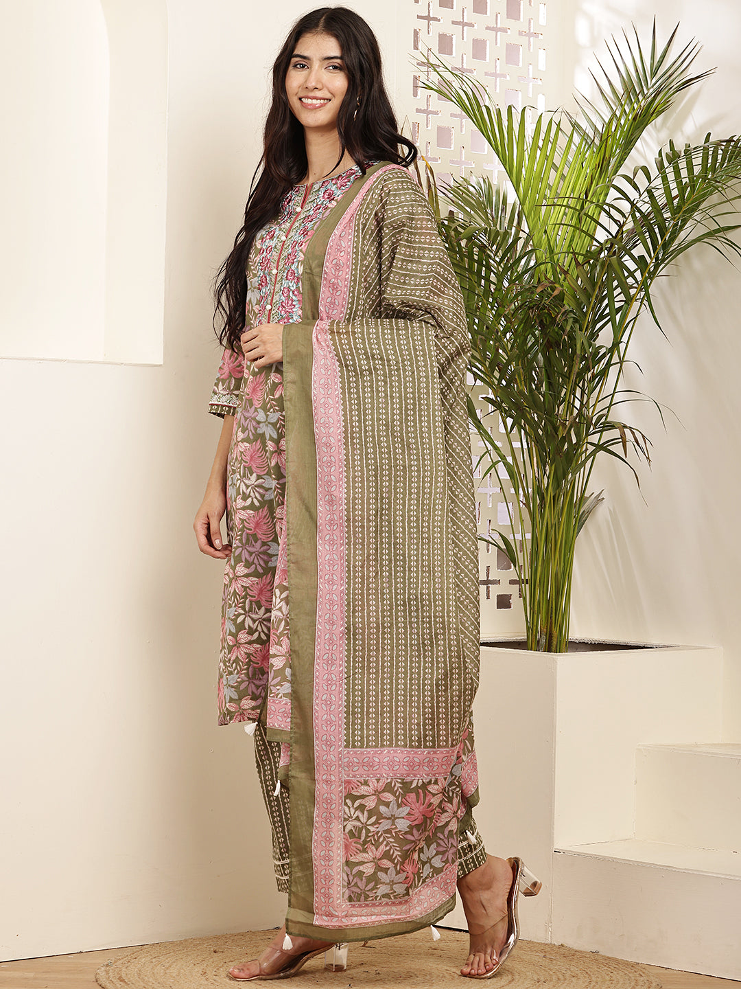 Women’s Olive & Pink Floral Printed Cotton Kurta Set with Dupatta