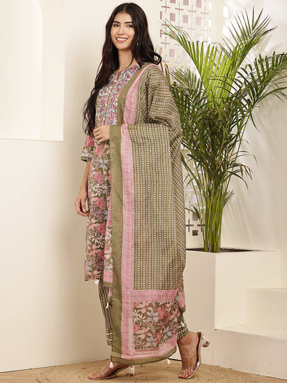 Women’s Olive & Pink Floral Printed Cotton Kurta Set with Dupatta