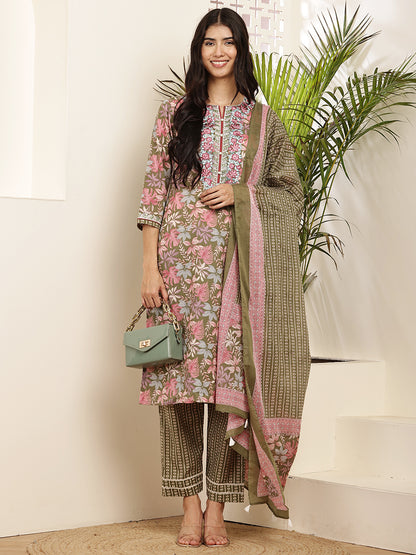 Women’s Olive & Pink Floral Printed Cotton Kurta Set with Dupatta