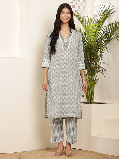 Women’s Grey Printed Cotton Kurta Set with Dupatta