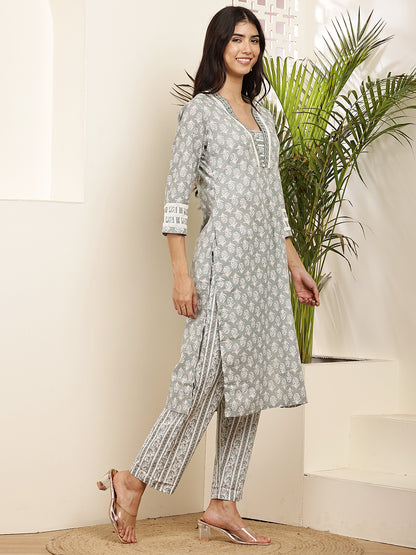 Women’s Grey Printed Cotton Kurta Set with Dupatta