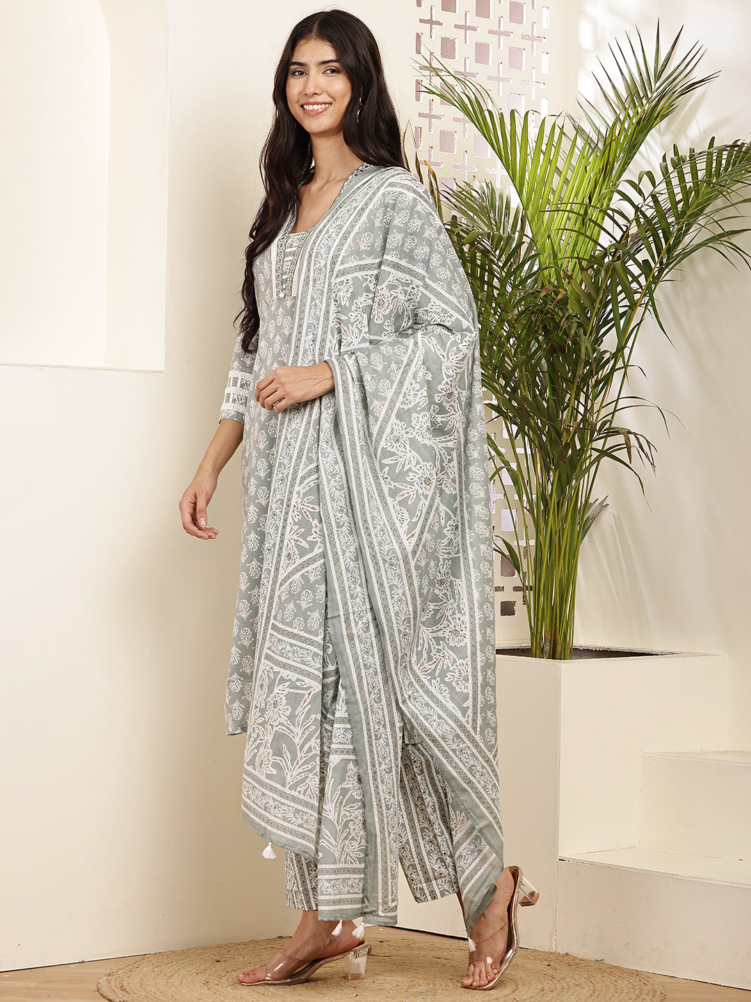 Women’s Grey Printed Cotton Kurta Set with Dupatta