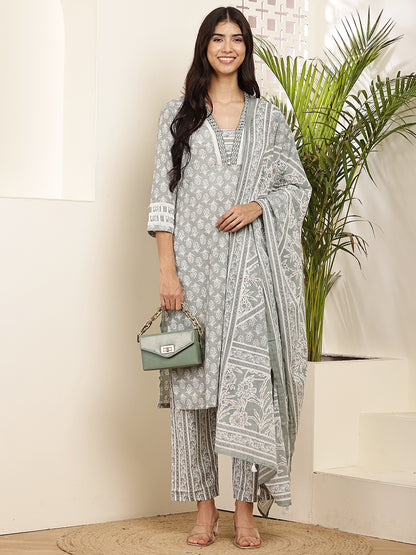Women’s Grey Printed Cotton Kurta Set with Dupatta
