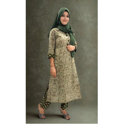 Olive Paisley Print Straight Kurta Set