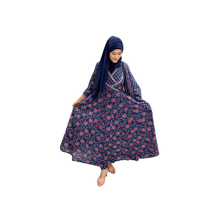 Indigo Floral Printed Ethnic Gown With Dupatta
