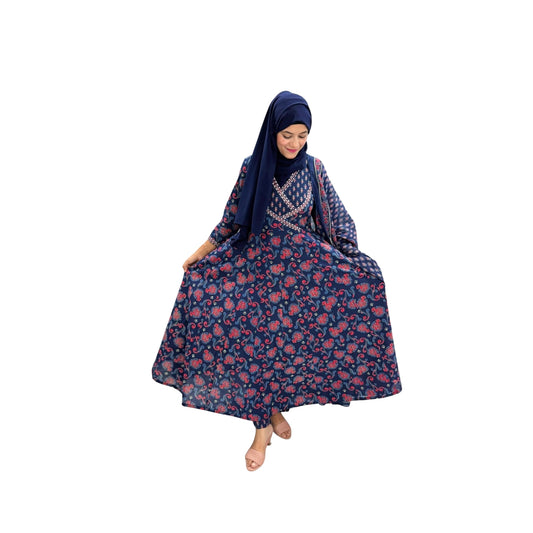 Indigo Floral Printed Ethnic Gown With Dupatta