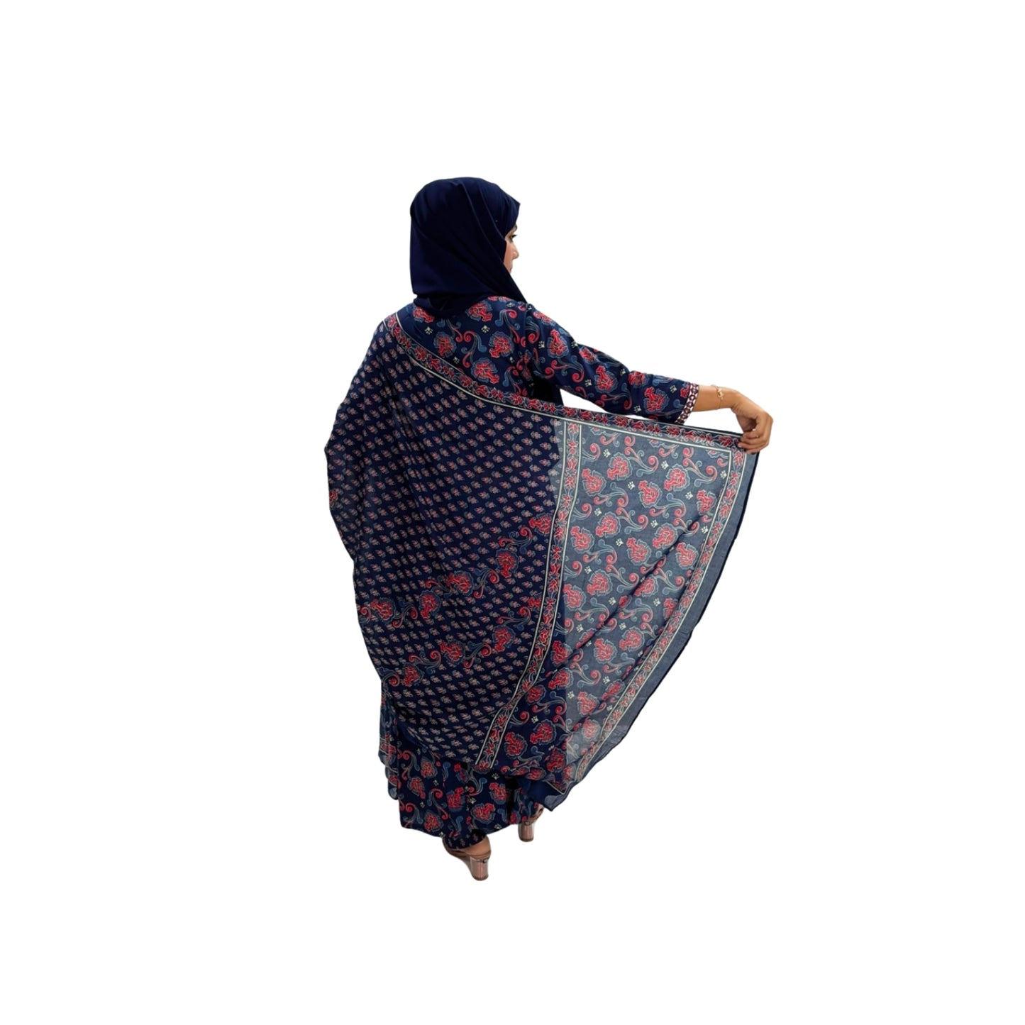 Indigo Floral Printed Ethnic Gown With Dupatta