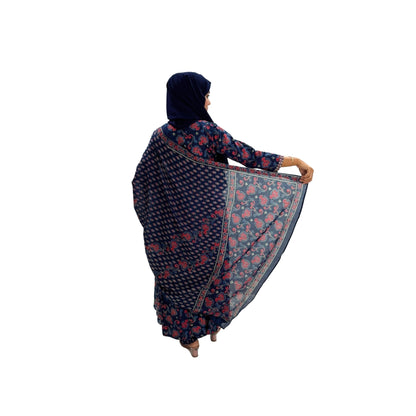Indigo Floral Printed Ethnic Gown With Dupatta