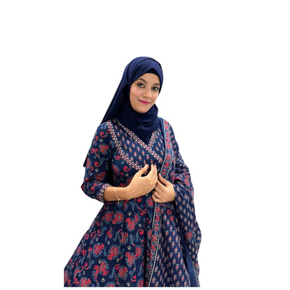 Indigo Floral Printed Ethnic Gown With Dupatta
