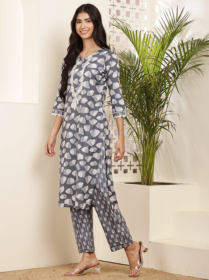 Charcoal Grey Cotton Printed Kurta Set with Dupatta