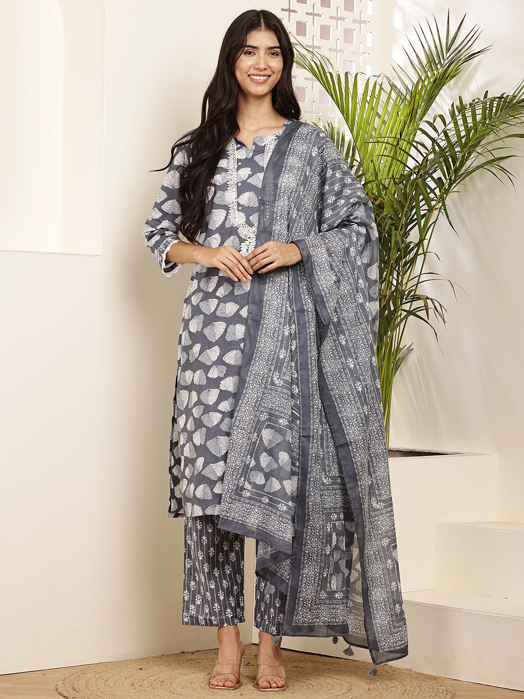Charcoal Grey Cotton Printed Kurta Set with Dupatta