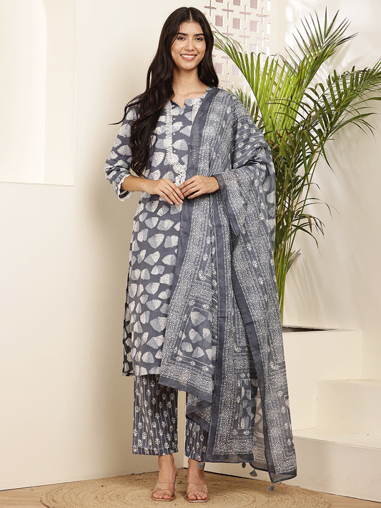 Charcoal Grey Cotton Printed Kurta Set with Dupatta